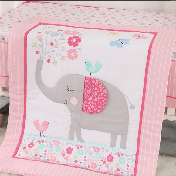 3pc Nursery Comforter Set Crib Sheet Pink Gray Elephant Bird Parent's Choice NEW - Picture 10 of 14